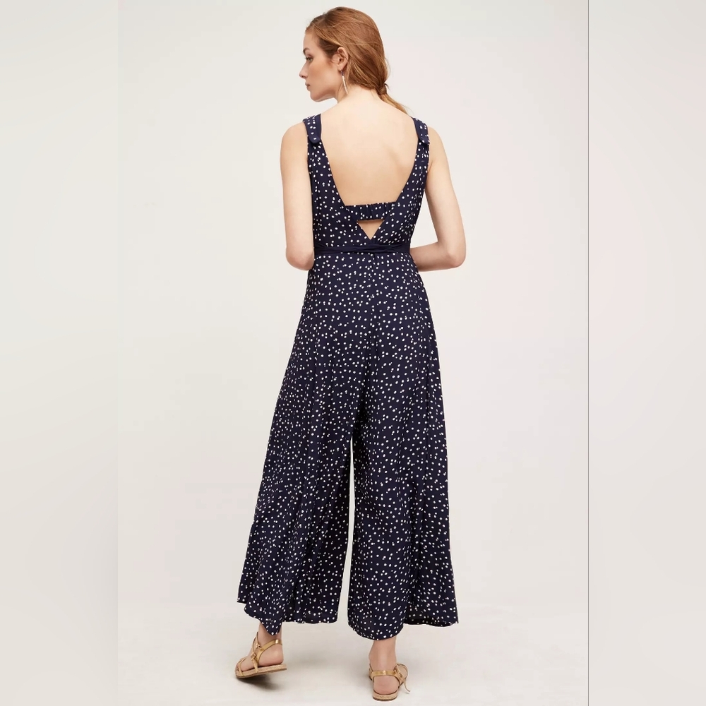 Anthropologie HD in Paris Tallulah Polka Dot Wide Leg Jumpsuit Navy Size 12P - Picture 2 of 12